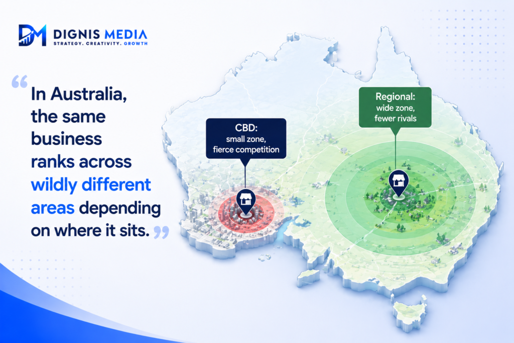 google maps ranking australia city versus regional zones 2026, Dignis Media